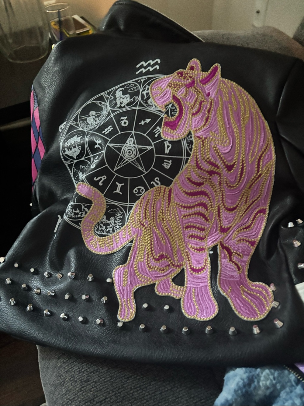 Black Faux Leather Backpack with Pink & Gold Tiger Patch